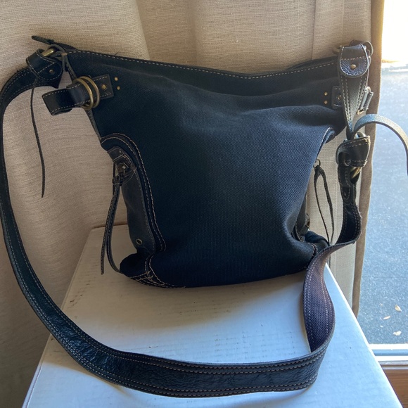 Fossil Genuine Leather & Canvas Black Crossbody Bag VGC - Picture 2 of 16